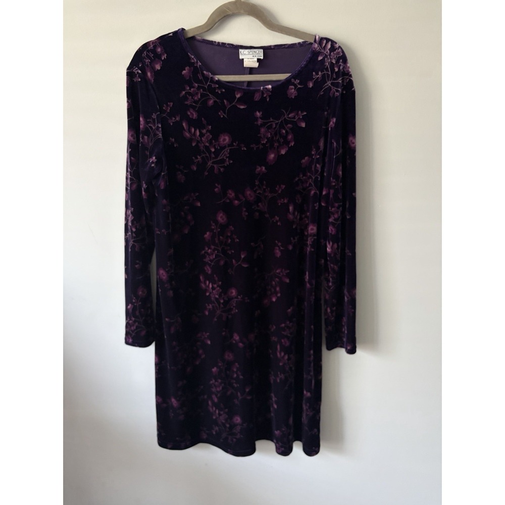 VTG KC Spencer Purple Floral Long sleeved Velvet Velour Dress Witchy Fall Sz 14